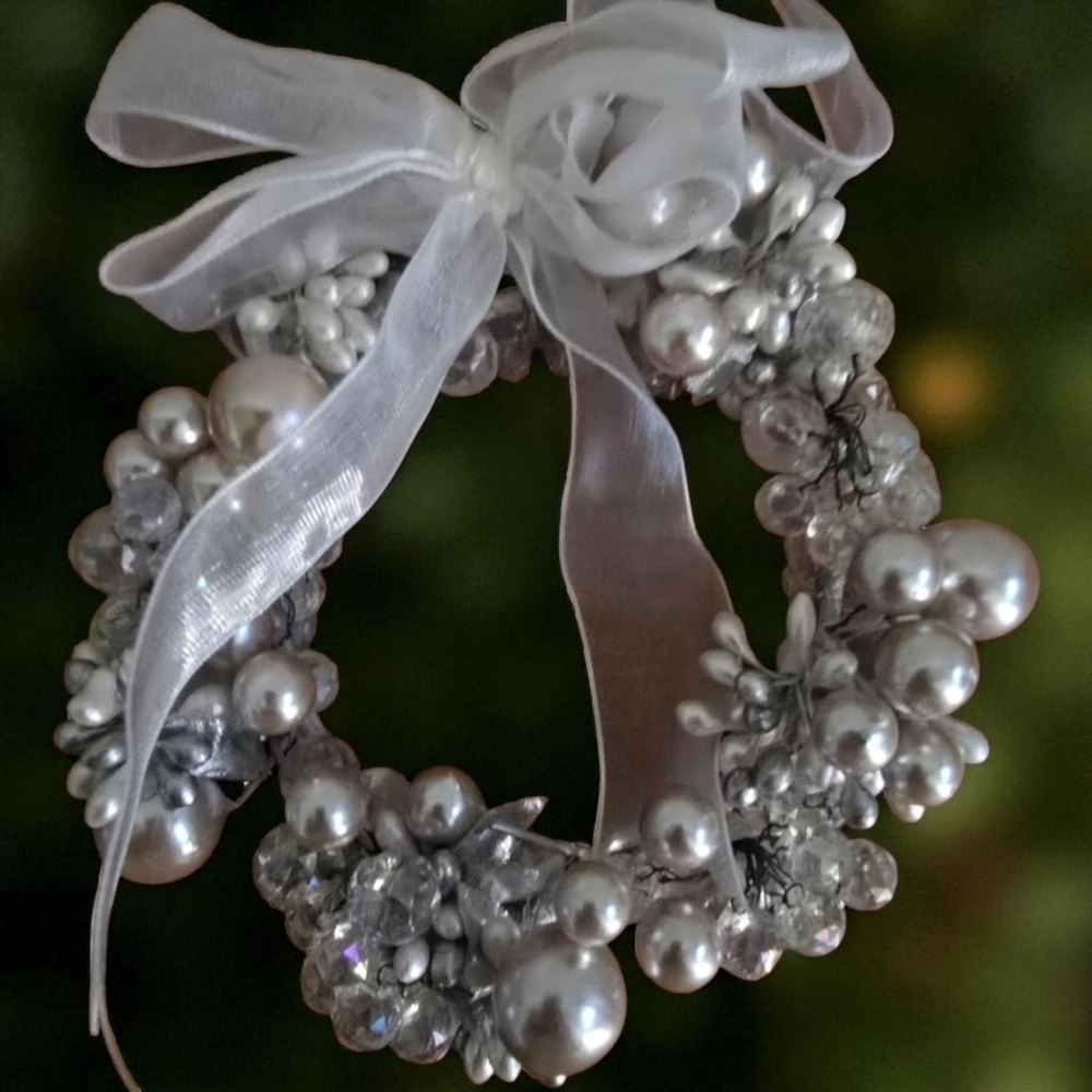 Silver & Crystal Beaded Mini Wreath Ornament – Holiday Christmas Décor – 3.5”
